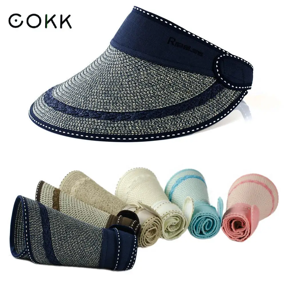 

COKK Brand Summer Hats For Women Folding Straw Hat Large Brim Sun Hat Visor Cap Adjustable Beach Hat Chapeu Feminino 2018 New