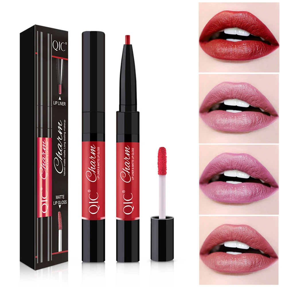 

1PC 12Colors Matte Double Head Lip Glaze Lip Line Pen Matte Velvet Liquid Lipstick Waterproof Non-stick Cup Makeup TSLM2