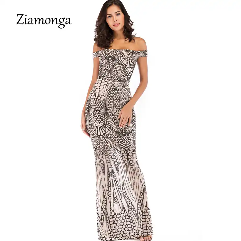 Ziamonga Off Shoulder Black Maxi Gold Dress 2019 Floor Length Bodycon Sequin Dress Women Strapless Formal Party Gown Sexy Dress