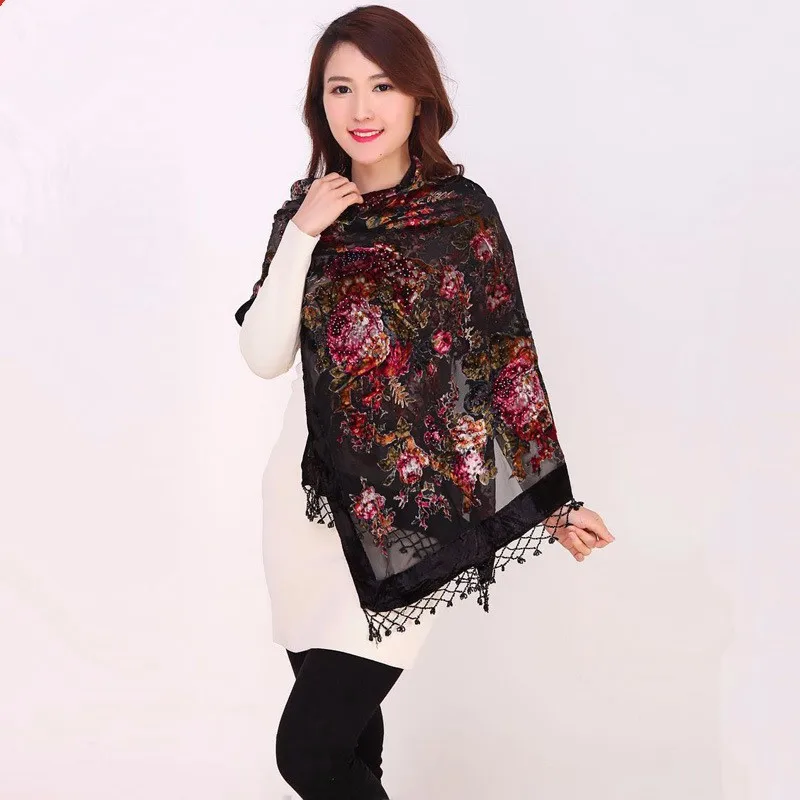 Высокое качество цветы китайский женский Бархат Шелк бисером шали ручной работы вышивка шарфы для женщин шарф длинная бахрома пашмины