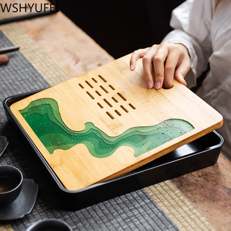 Chinese traditional bamboo tea set tray Water storage type Kung Fu tea set bamboo dish Household tea set accessories WSHYUFEI