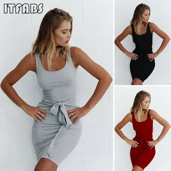 

019 Women Bandage Sexy Mini Dress Ladies Bodycon Sleeveless Solid Color Casual Sundress Female Summer Beach Club Party Dresses