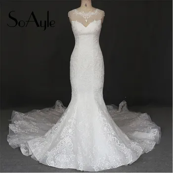 شراءSoAyle الفاخرة الدانتيل فستان الزفاف حورية البحر أكمام يزين Vestido دي Noiva مصلى قطار مثير الوهم الزفاف اللباس فرنسا