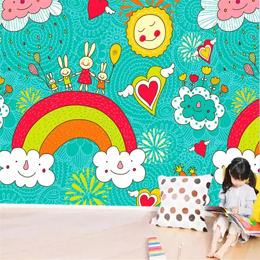 Beibehang Kustom 3d Wallpaper Kartun Kelinci Anak Anak Pelangi Kamar Latar Belakang Taman Kanak Kanak Kertas Foto Mural 3d Papel Parede Papel Parede Background Wallpaper3d Wallpaper Aliexpress