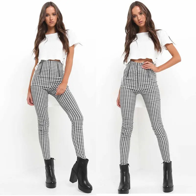 

2018 Black White Plaid Pants Sweatpants Women Side Stripe Trousers Casual High waist Female Streetwear Comfortable Pants Joggers