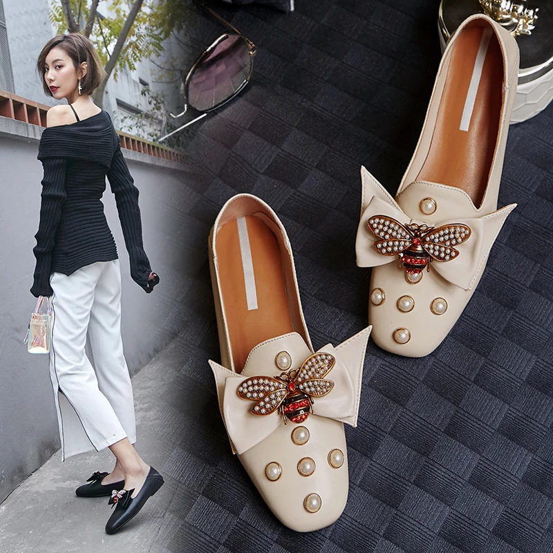 

women Genuine Leather pumps spring and autumn cow leather pumps fashion shoes soft Personality Shallow mouth rhinestone bow
