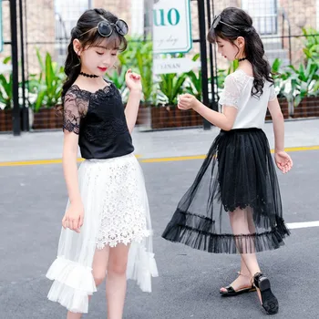 

2019 Fashion Summer Children Cute Clothes Set Modal Top+Mesh Skirt Teen Girl Lace Solid Suit Children Casual Princess Sets
