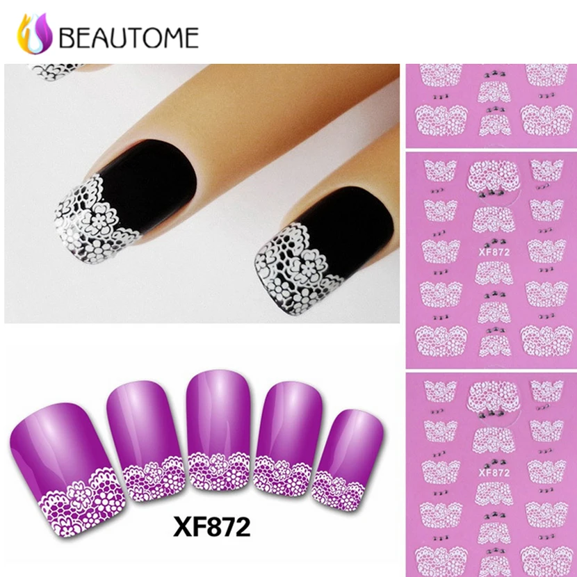 White Flower Design Lace Flower Nail Stickers Decals Self Adhesive Nail