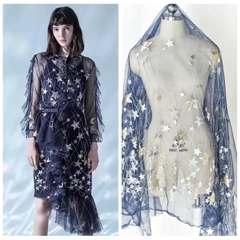 

Star handmade sequins embroidered beads mesh transparent fabric For wedding dress DIY material