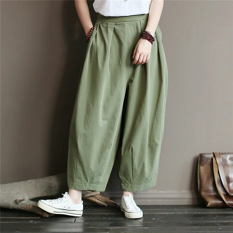 

Women Autumn Straight Pants Cotton Elastic Waist Trouser Fall Solid Color Loose Casual Women Full Length Pants