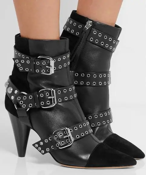 

New arrivals spike heels rivets ankle boots for woman black leather patchwork buckles strap high heel booties