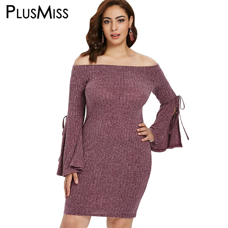 

PlusMiss Plus Size 5XL-L Off Shoulder Tied Bell Flare Sleeve Knitted Dress Women Sexy Club Mini Short Bodycon Sweater Dresses