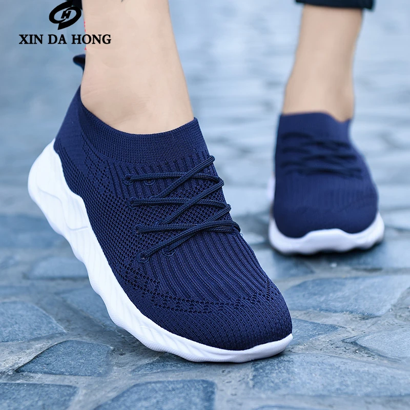 

summer women flats shoes ladies casual plus size sneakers breathable mesh slip on sock shoes lace up Comfortable Outdoor Sports