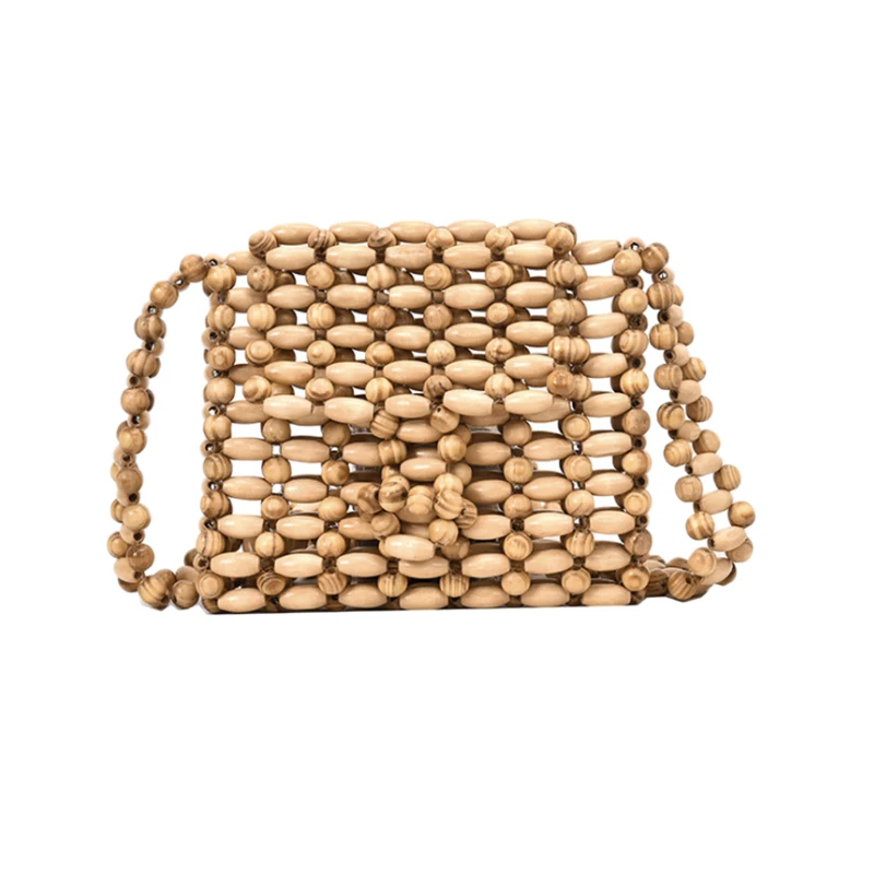 

FGGS-Women Oblique Bag Wooden Beads Shoulder Strap Bamboo Beach Bag Beaded Handbag Ladies Hand-Woven Bag Wallet