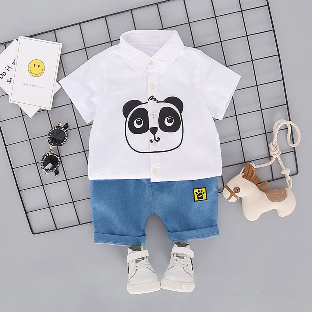 

Toddler Kids Baby Boys Clothing Cartoon Print Turn-Down-Neck Shirt Tops Denim Shorts 2PCS Outfits Suit Summer Casual Boy Clothes