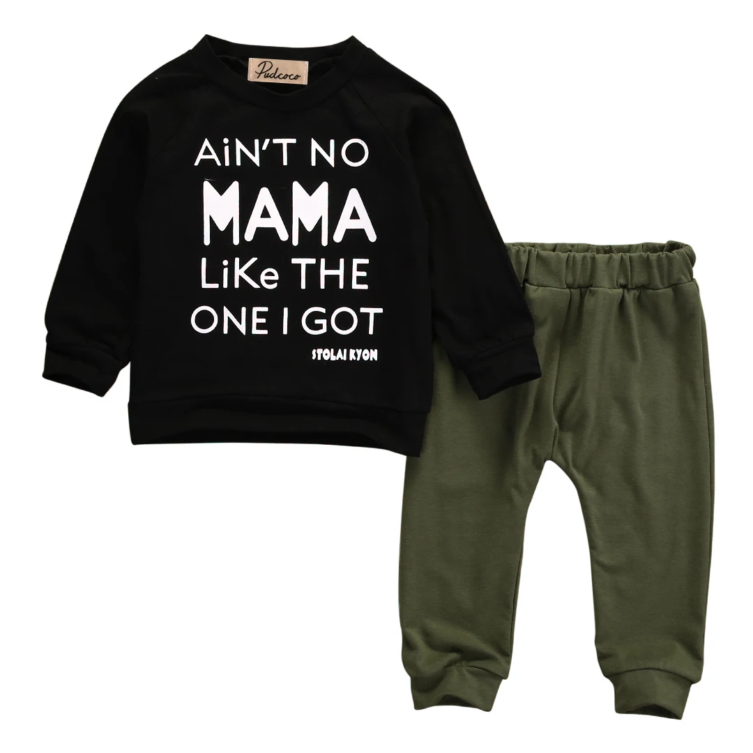 

Pudcoco 2pcs Newborn Baby Boy Casual Letter Mama T-shirt Sweater Black Top + Long Army Green Pants Outfits Clothes Autumn Set SS