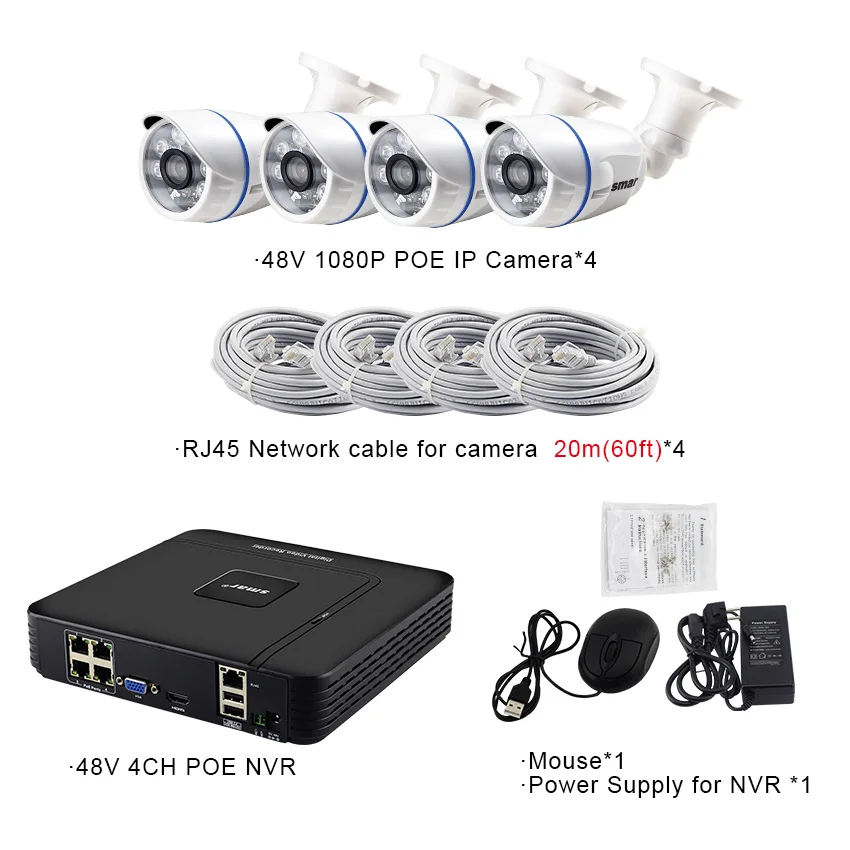 Smfull HD 4CH 1080P POE 48V NVR комплект видеонаблюдения 4 шт. 2MP 20FPS уличная ip-камера 36 IR 4 канала CCTV Система HDMI P2P электронная сигнализация - Цвет: Черный