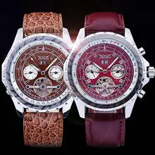 ПОБЕДИТЕЛЬ Мужчины Механические Часы Tourbillon Отображения Даты Кожаный Ремешок Коричневый Циферблат Серебряный Case6
