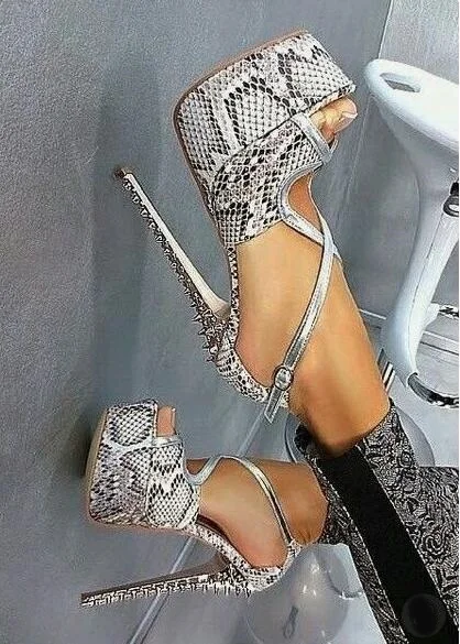 

Hot Selling Snakeskin Leather Shoes Woman Heels Peep Toe Cut-out Cross Strap Platform Heels Ladies Party Dress Shoes Plus Size