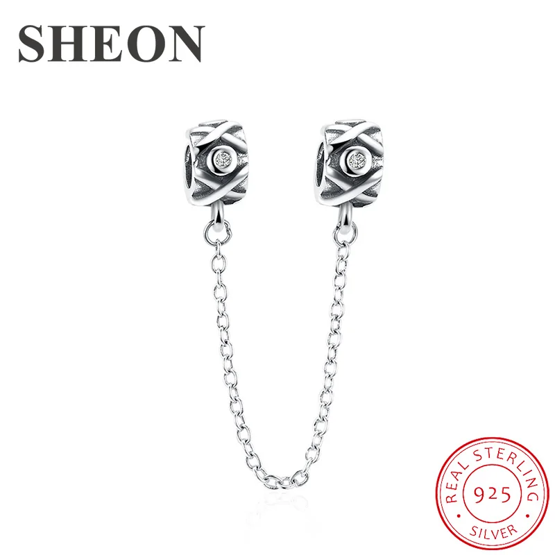 

SHEON 925 Sterling Silver Trendy Safety Chain Charms Beads Fit Original Pandora Bracelet DIY Fine Jewelry Accessories 5 Colors