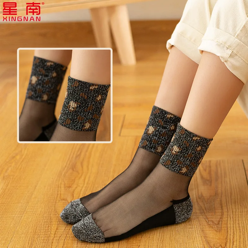 5 пара/лот, женские носки, впитывающие пот дышащие женские сетчатые Красные сексуальные леопардовые Нескользящие шелковые золотые серебряные стеклянные прозрачные носки