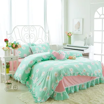 

Pure Cotton Bedding 4pcs Double Bed King Queen Size Green color Floral DuvetCover Bedsheet Sets Korean Princess Lace BedSkirt