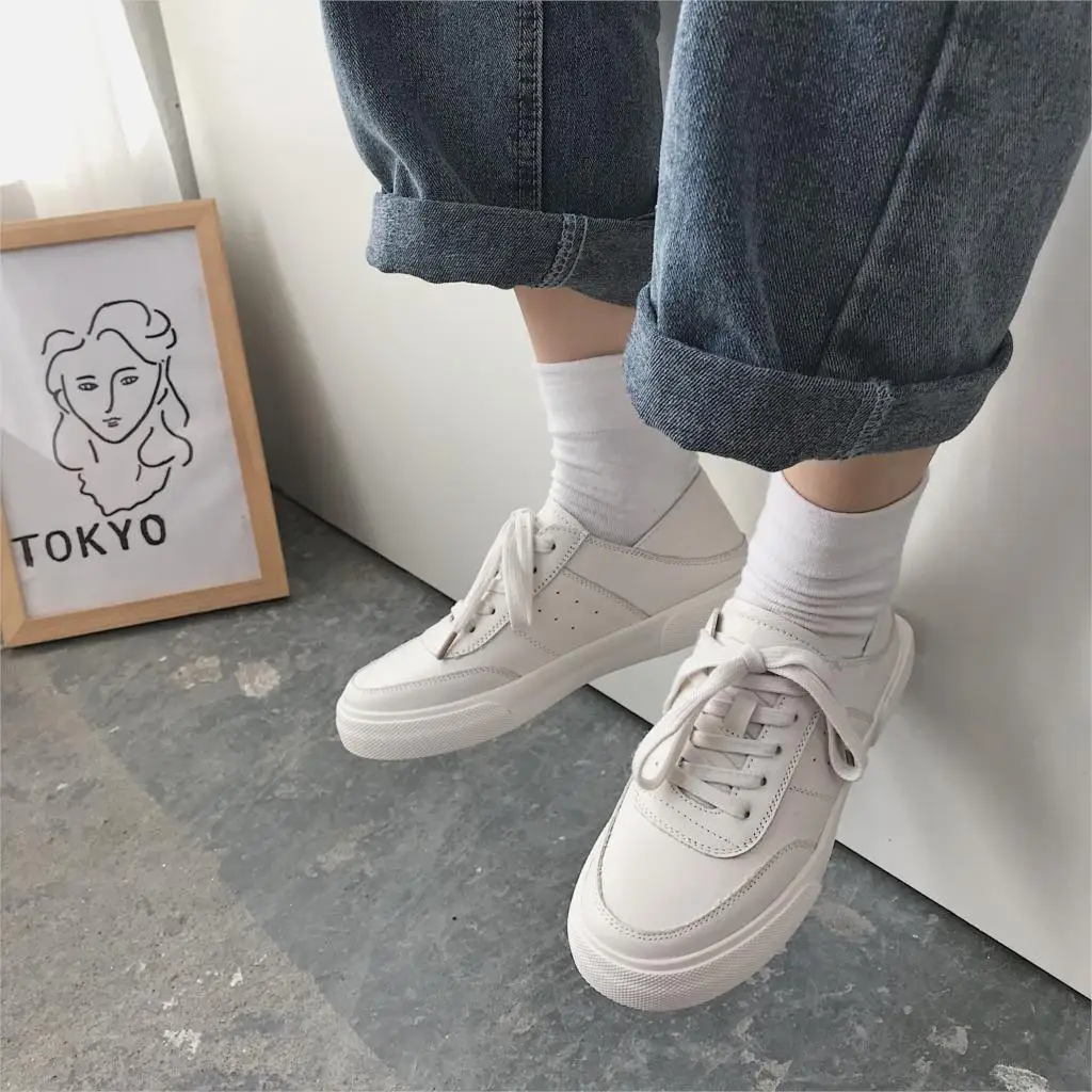

Drop Shipping OEAK 2019 Female Front Strap White Korean Casual Versatile Student Board Shoes Autumn New Low Help Round Head