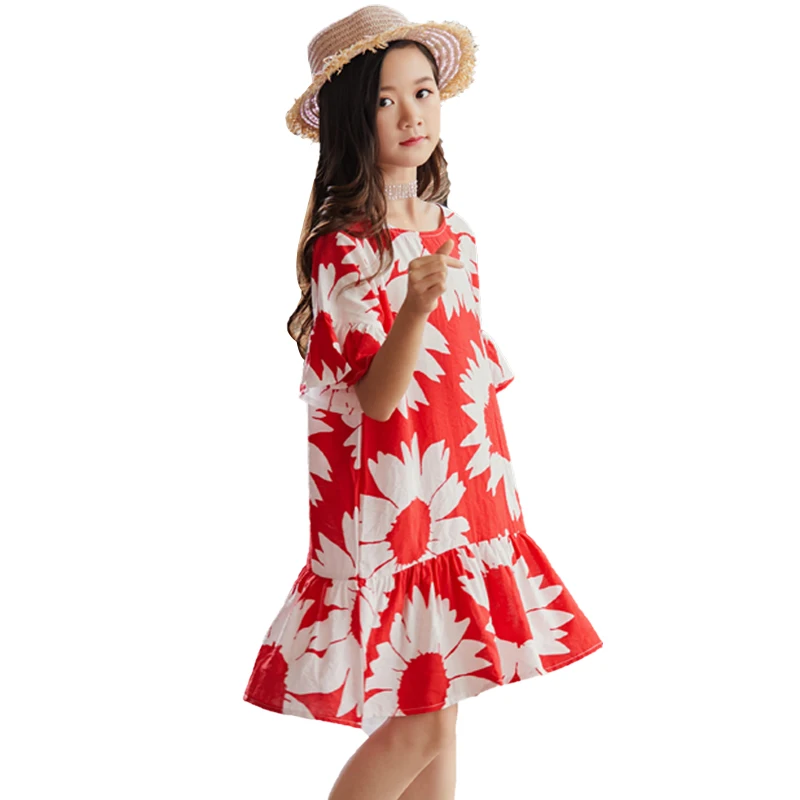 

Summer Girls Print Floral Dress Kid School Cute Princess Perform Dance Dress Girls Short Sleeve Red Dress Kid Clothes Hot Sale
