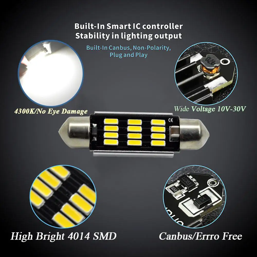 12-24 В AC/DC C10W светодиодный Canbus гирлянда 39 мм 41 мм 4014 для автомобильной лампы внутренний светильник для Чтения номерного знака Лампа теплый белый без ошибок