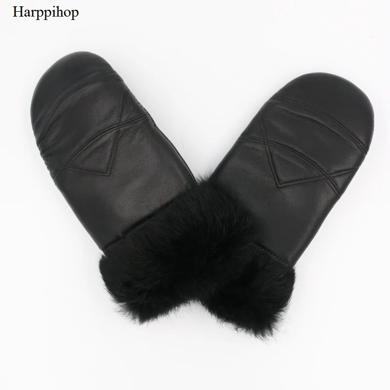 Harppihop 2017 Новинка зимы Для женщин из натуральной кожи перчатки мех кролика митенки Перчатки без Пальцев толстые Термальность перчатки