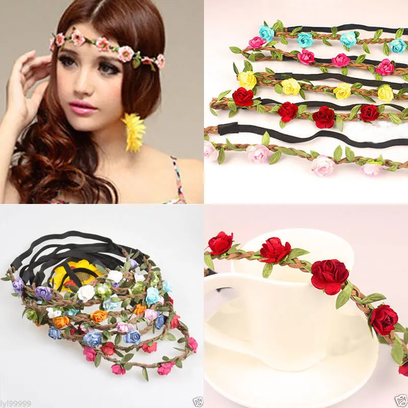 

Boho Fabric Festival Wedding Party Garland Forehead Hair Women Flower Head Band