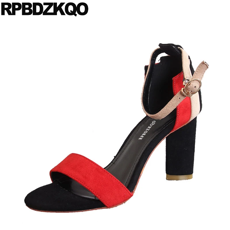 

Open Toe Heels Women 2018 Summer Ladies Sandals High Designer Ankle Strap Shoes Suede Block Thick Pumps Female Mixed Colors