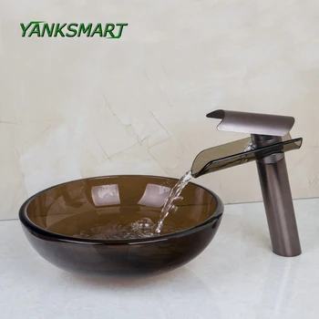 

YANKSMART Brown Trans Bowl Sinks Vessel Basins Tempered Glass Sink With Waterfall Faucet Taps With Drain Bathroom Lavatory Set