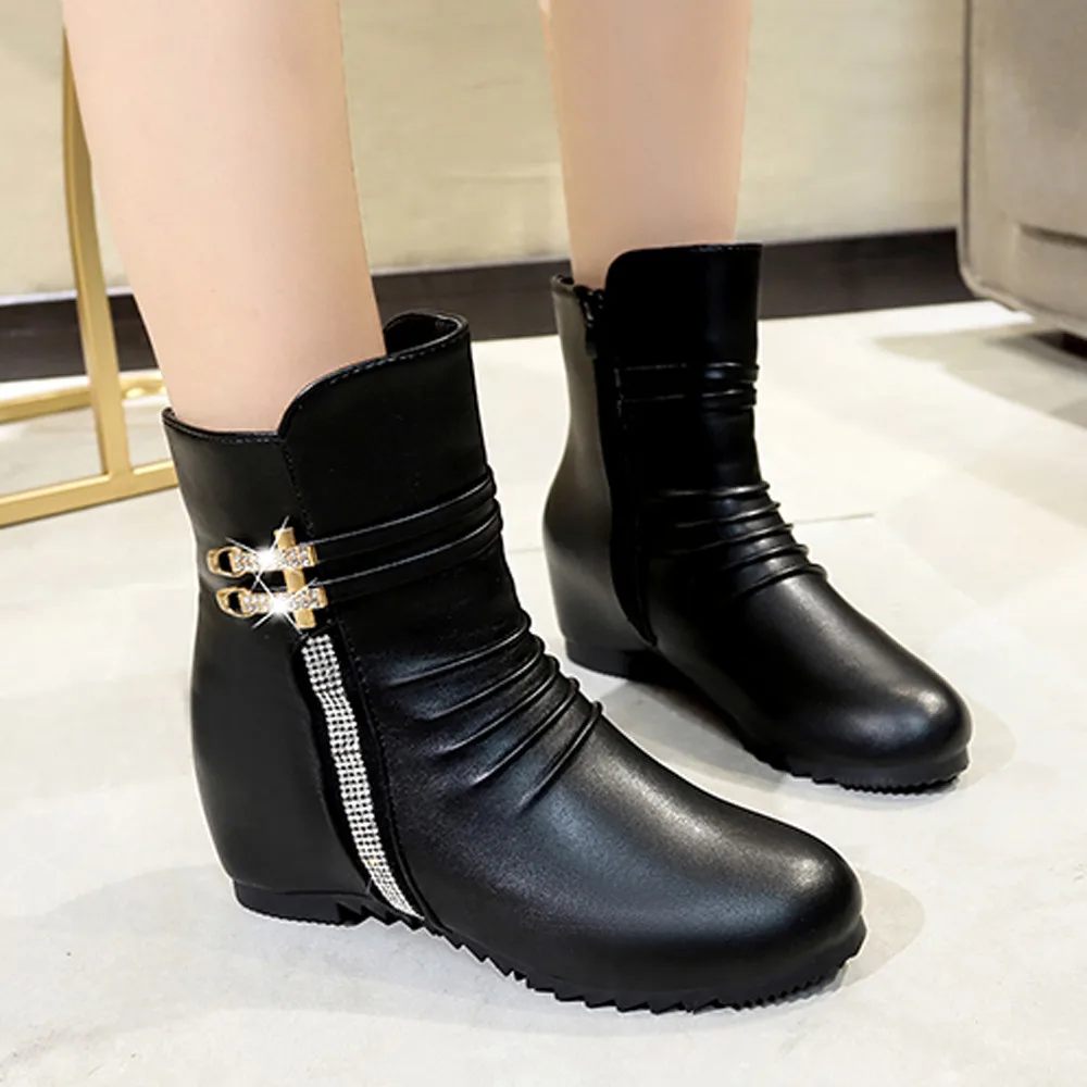 

shoes Boots Women Leather Solid Color Round Toe Wedges Boots Shoes Keep Warm Zipper Snow boots women 2018NOV7