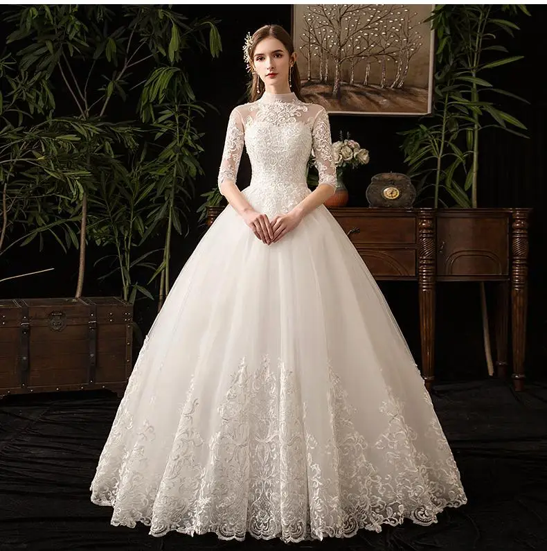 Chinese Style High Neck Half Sleeve 2022 New Wedding Dress Illusion Lace Applique Simple Custom Made Bridal Gown Robe De Mariee long sleeve wedding dresses