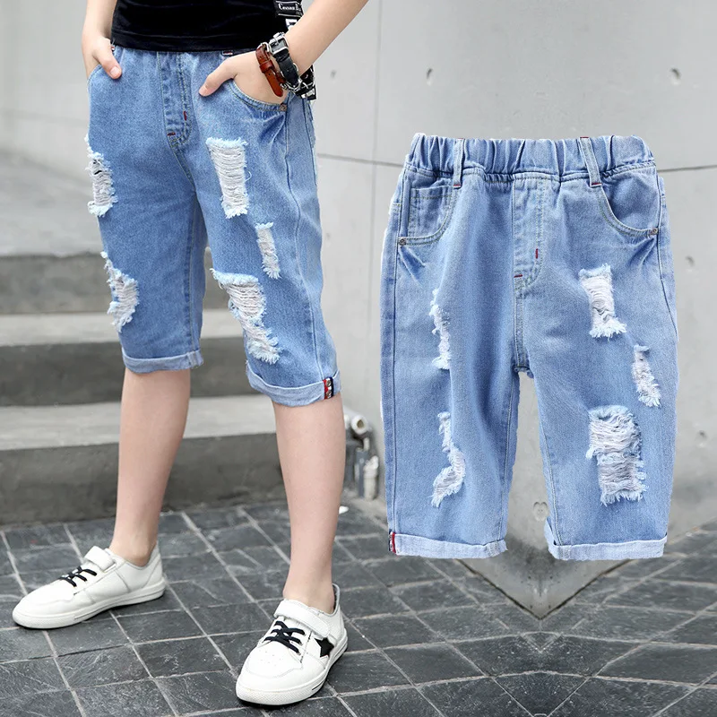 

Teens Boy Ripped Jeans Big Boy Denim Broken Holes Pants Teenage Short Trousers Cotton Elastic Waist 5 6 7 8 9 10 11 12 13 14 15
