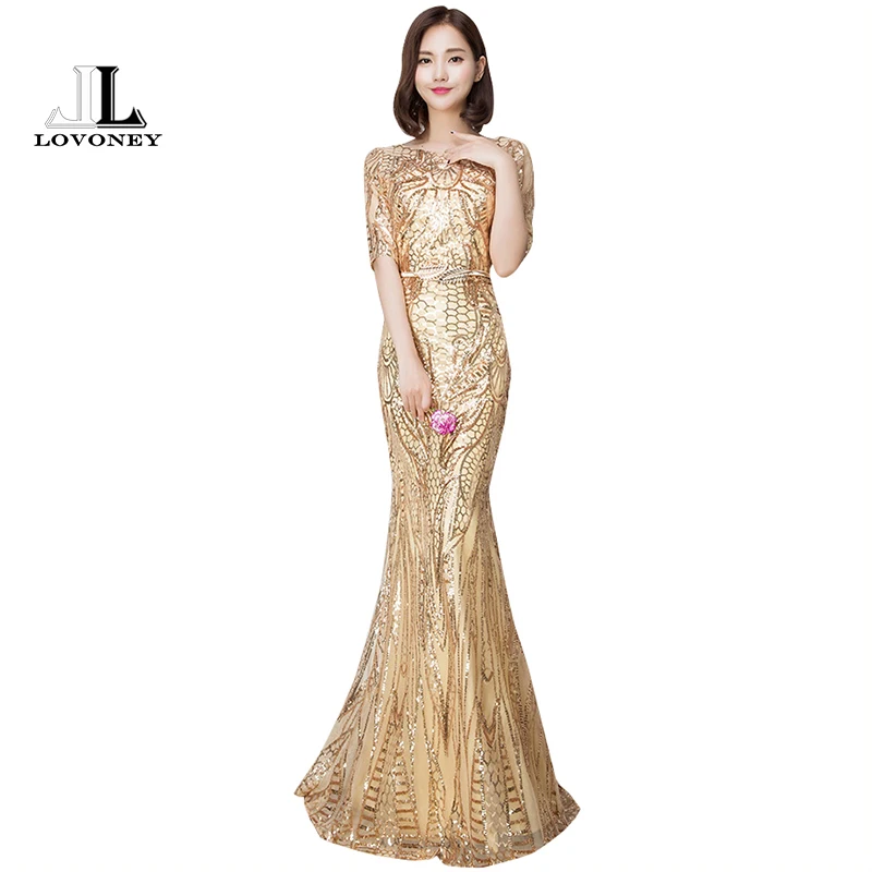 LOVONEY 2019 Sexy Mermaid Evening Dress Half Sleeves Golden Evening Dresses Long Formal Party Gown Vestido De Festa M216 LOVONEY 2019 Sexy Mermaid Evening Dress Half Sleeves Golden Evening Dresses Long Formal Party Gown Vestido De Festa M216