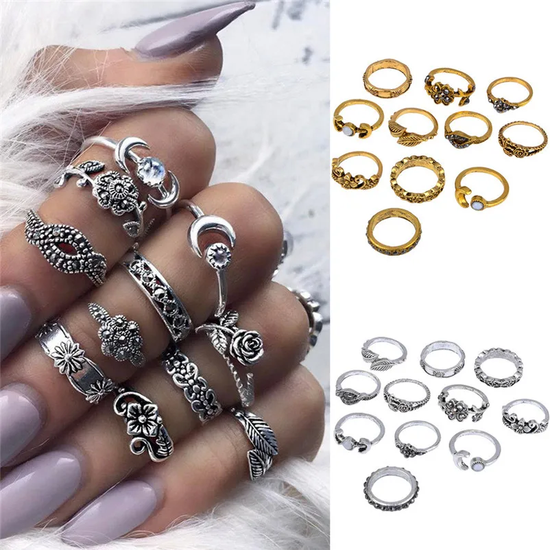 2018 New Arrival Design Women Bohemian Vintage Silver Stack Rings Above Knuckle Blue Rings Set Rings for women Ring Set J13#N (5)