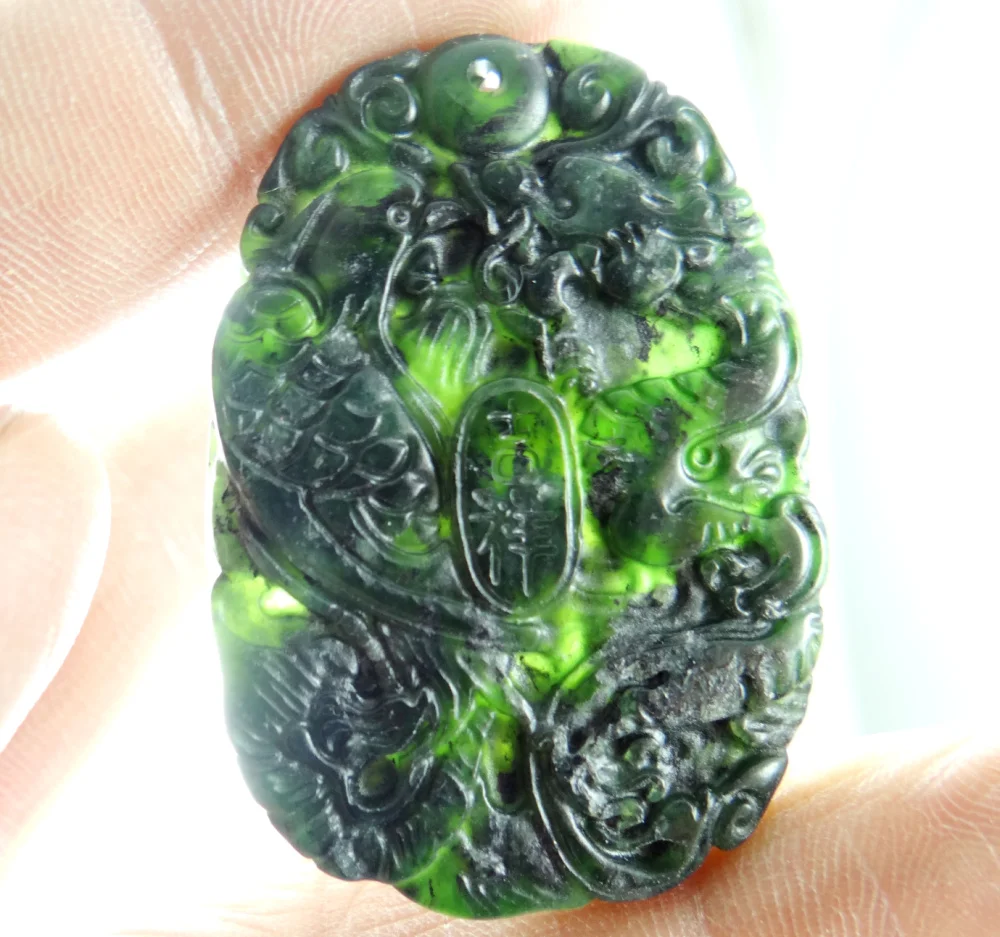 

48*35Wholesale natural Chinese black green stone hand-carved statue of Dragon and Phoenix amulet pendant necklace Jewelry Making