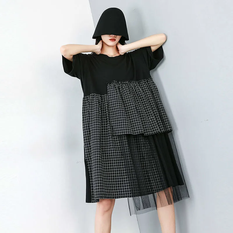 

New 2019 Summer Woman's Dresses Round Neck Pullover Mesh White Black Dress Street-wear Loose Large Size Spliced Girls Clothing