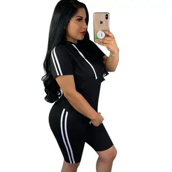 

Fashion Sexy Casual Solid Striped Patchwork Short Sleeve Hooded Top With Shorts Women Two Piece Suits