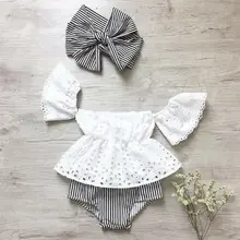 Baby Girl Off Shoulder Lace Tops Short Sleeve Hole Shirt Stripe Shorts Briefs Headband 3pcs Outfit Clothes Summer Set