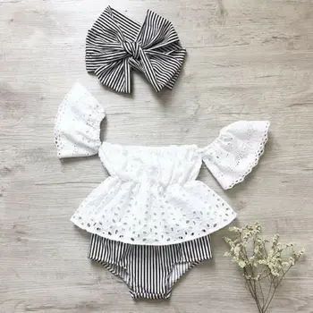 

Baby Girl Off Shoulder Lace Tops Short Sleeve Hole Shirt Stripe Shorts Briefs Headband 3pcs Outfit Clothes Summer Set