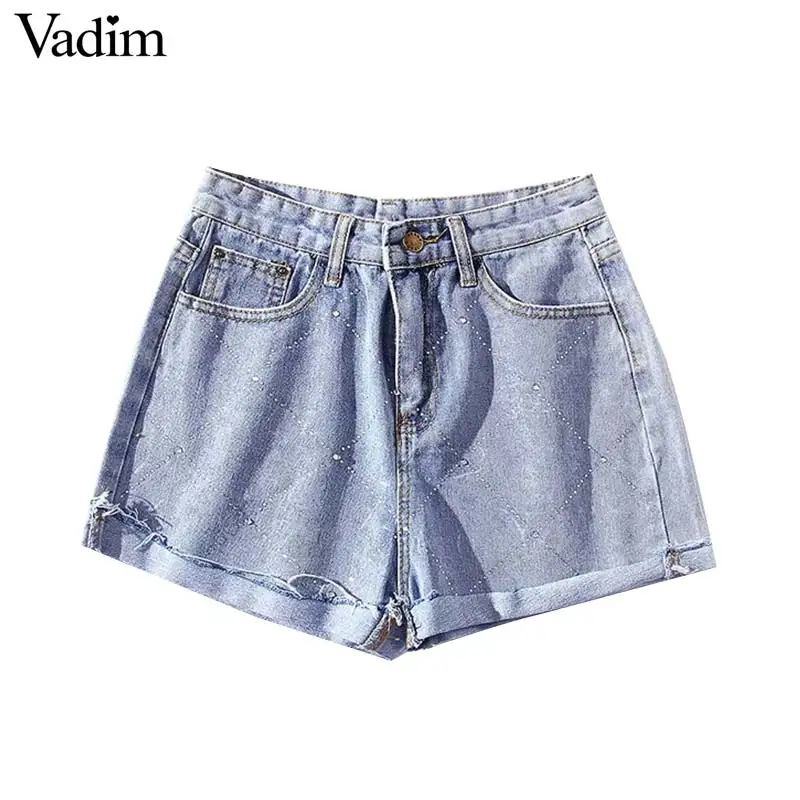 Vadim women vintage denims shorts zipper fly diamond decorate pockets