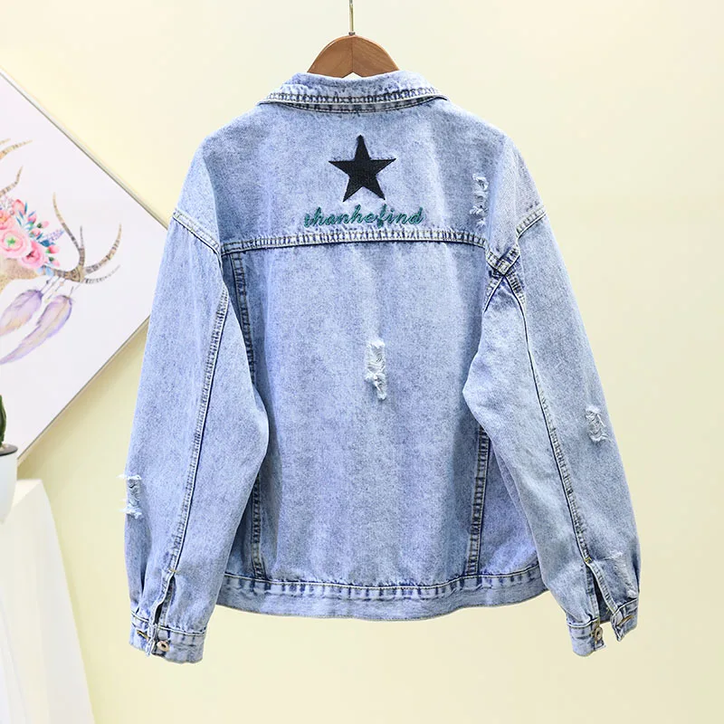 

Holes Denim Coat Outwear Woman Long Sleeve Jean Jackets Girls Students Loose Embroidery Jeans Jacket Womens Streetwear Feminino