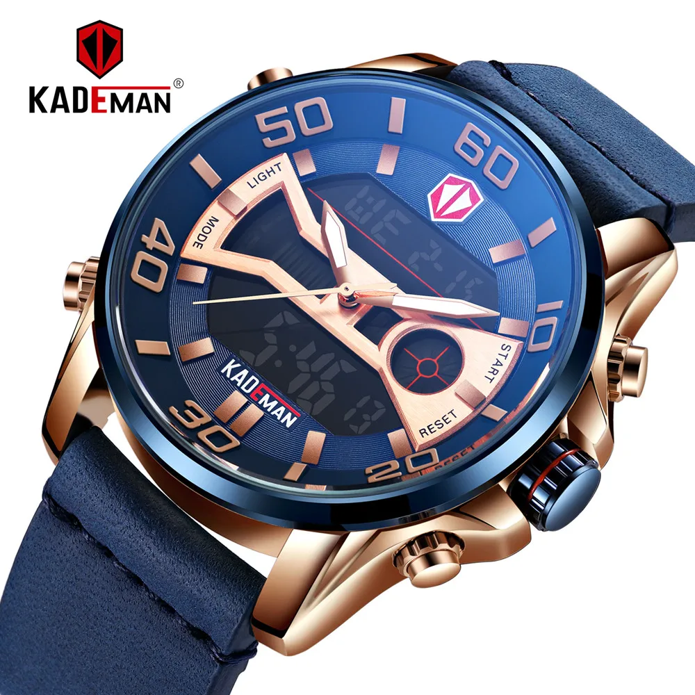 Kopen KADEMAN 2019 Mannelijke Horloge Militaire Sport Quartz Horloges Waterdicht Datum Dual Display Horloge Leer Klok Relogio Masculino
