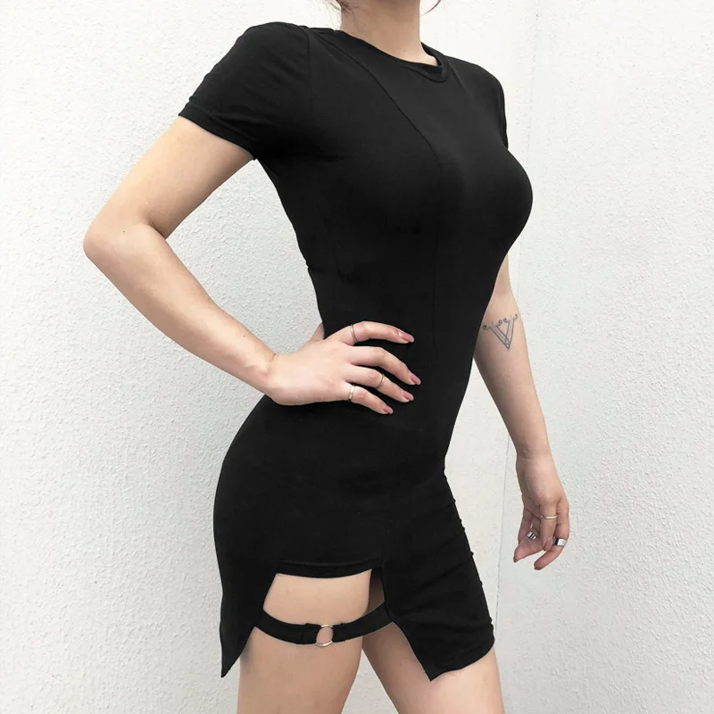  Black Harajuku Dresses Women Summer Short Sleeve Sexy Hollow Out Asymmetrical Metal Ring Slim Mini 