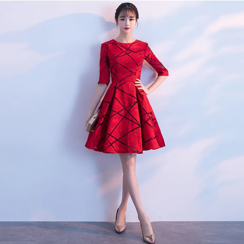 

2018 new fashion wine red O Neck Half Sleeves Zipper plus sizes Robe De Roiree party short evening dress