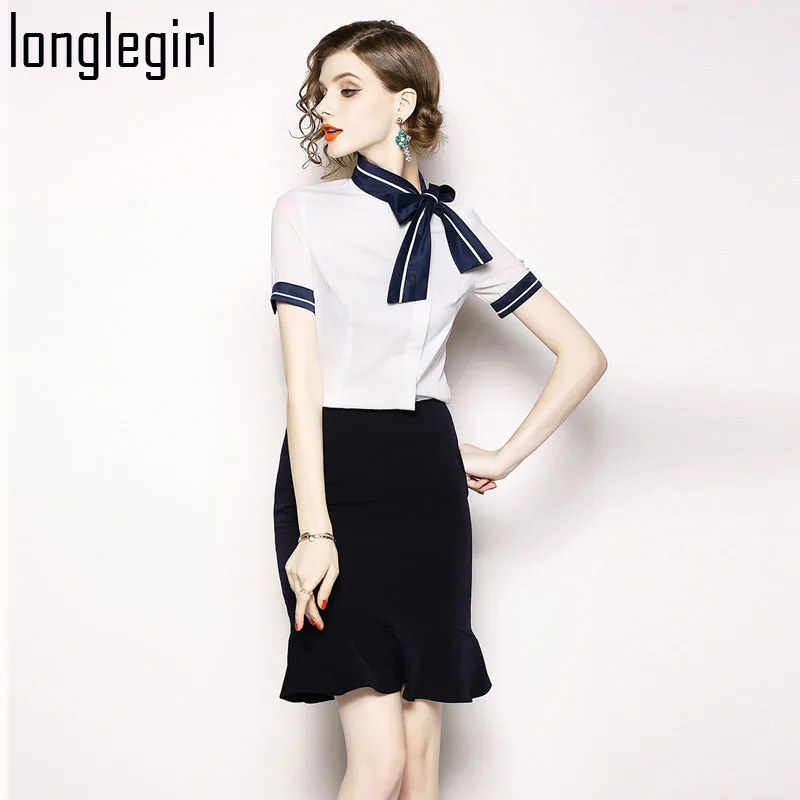 Summer Women Two Piece Suit Set Female Dress Formal Office Lady Set White Short Sleeve Bow Neck Shirt + Black Half Skirt S-XXL Summer Women Two Piece Suit Set Female Dress Formal Office Lady Set White Short Sleeve Bow Neck Shirt + Black Half Skirt S-XXL