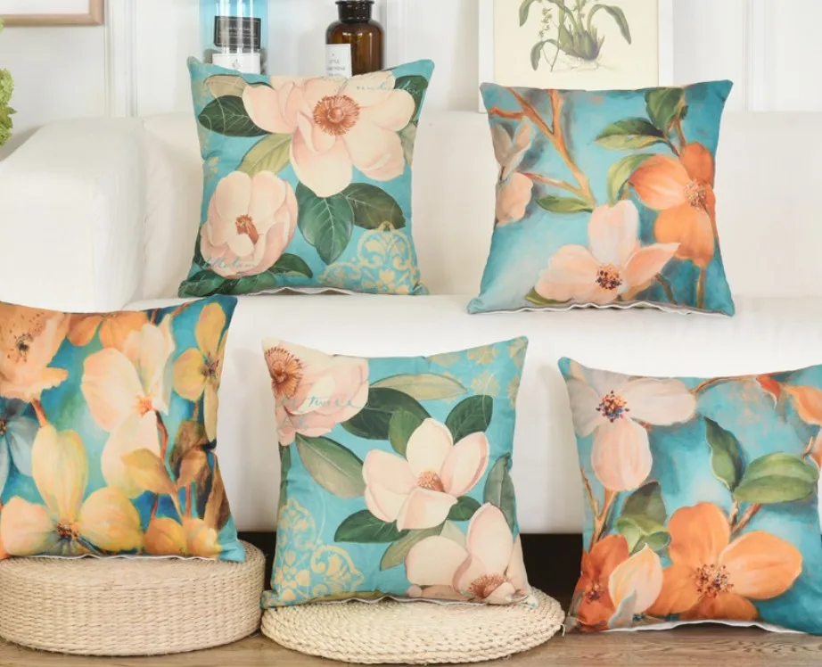 

Linen Cotton Cushion Cover Flower Rose Blue Pillow Case Cover Home Decorative bed Pillowcase Sofa Car Chair waist 45X45cm B422